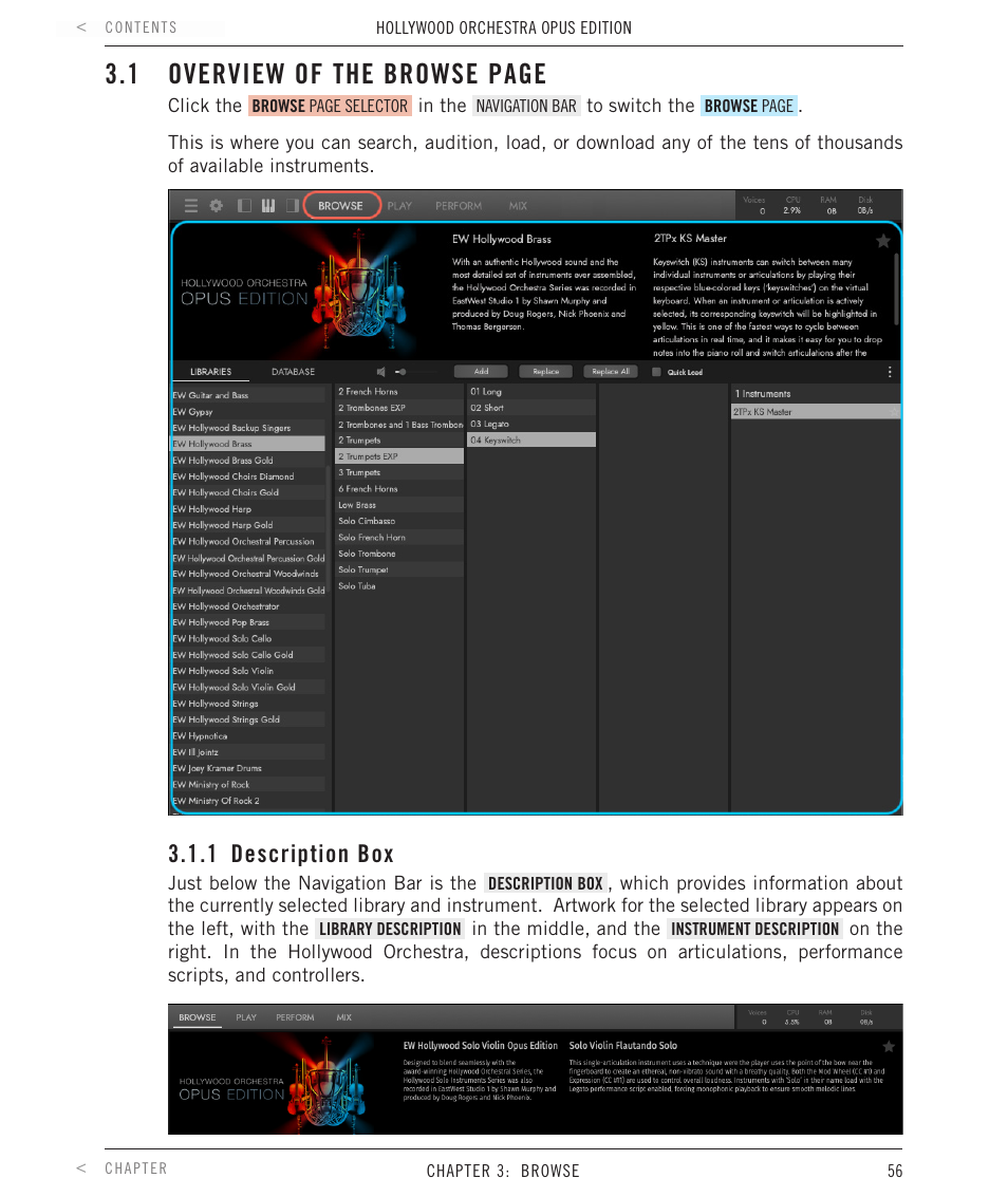 1 description box, Description box, 1 overview of the browse page | EastWest Hollywood Orchestra Opus Edition Virtual Instrument Plug-In (Download) User Manual | Page 56 / 228