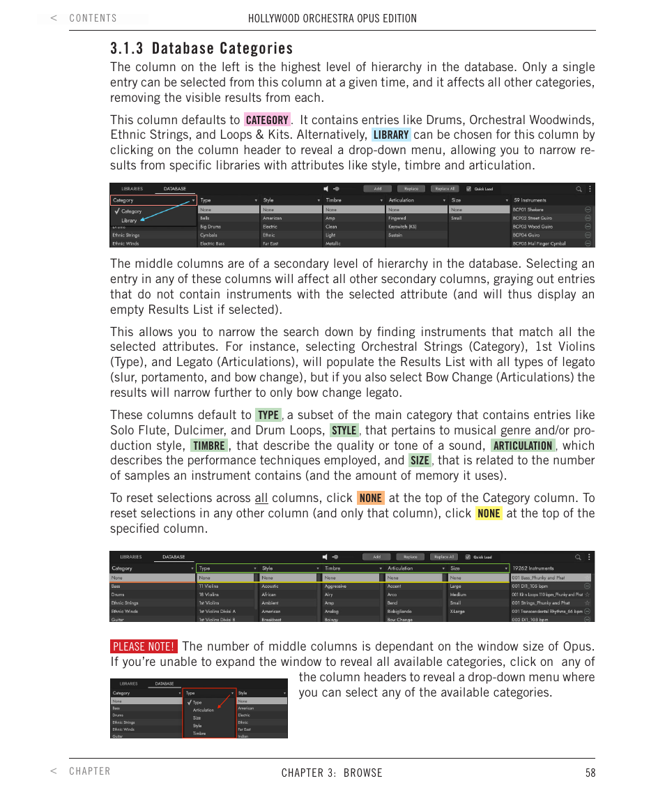 3 database catagories, Database categories, 3 database categories | EastWest Hollywood Orchestra Opus Edition Virtual Instrument Plug-In (Download) User Manual | Page 58 / 228