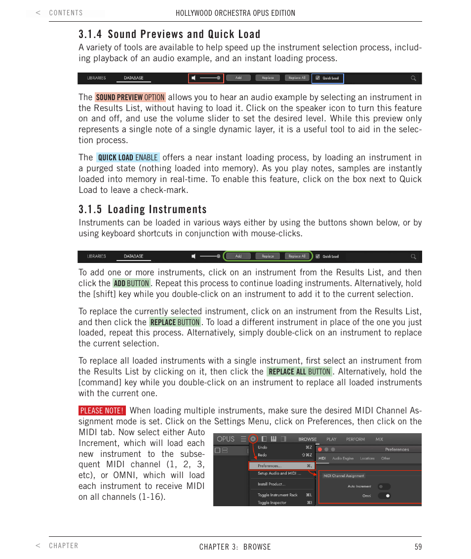4 sound previews and quick load, 5 loading instruments, Sound previews and quick load | Loading instruments | EastWest Hollywood Orchestra Opus Edition Virtual Instrument Plug-In (Download) User Manual | Page 59 / 228