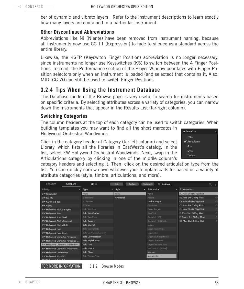 4 tips when using the instrument database, Tips when using the instrument database | EastWest Hollywood Orchestra Opus Edition Virtual Instrument Plug-In (Download) User Manual | Page 63 / 228
