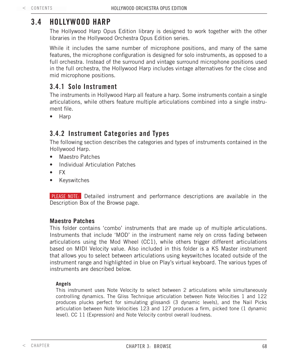 4 hollywood harp, 1 solo instrument, 2 instrument categories and types | Hollywood harp, Solo instrument, Instrument categories and types | EastWest Hollywood Orchestra Opus Edition Virtual Instrument Plug-In (Download) User Manual | Page 68 / 228