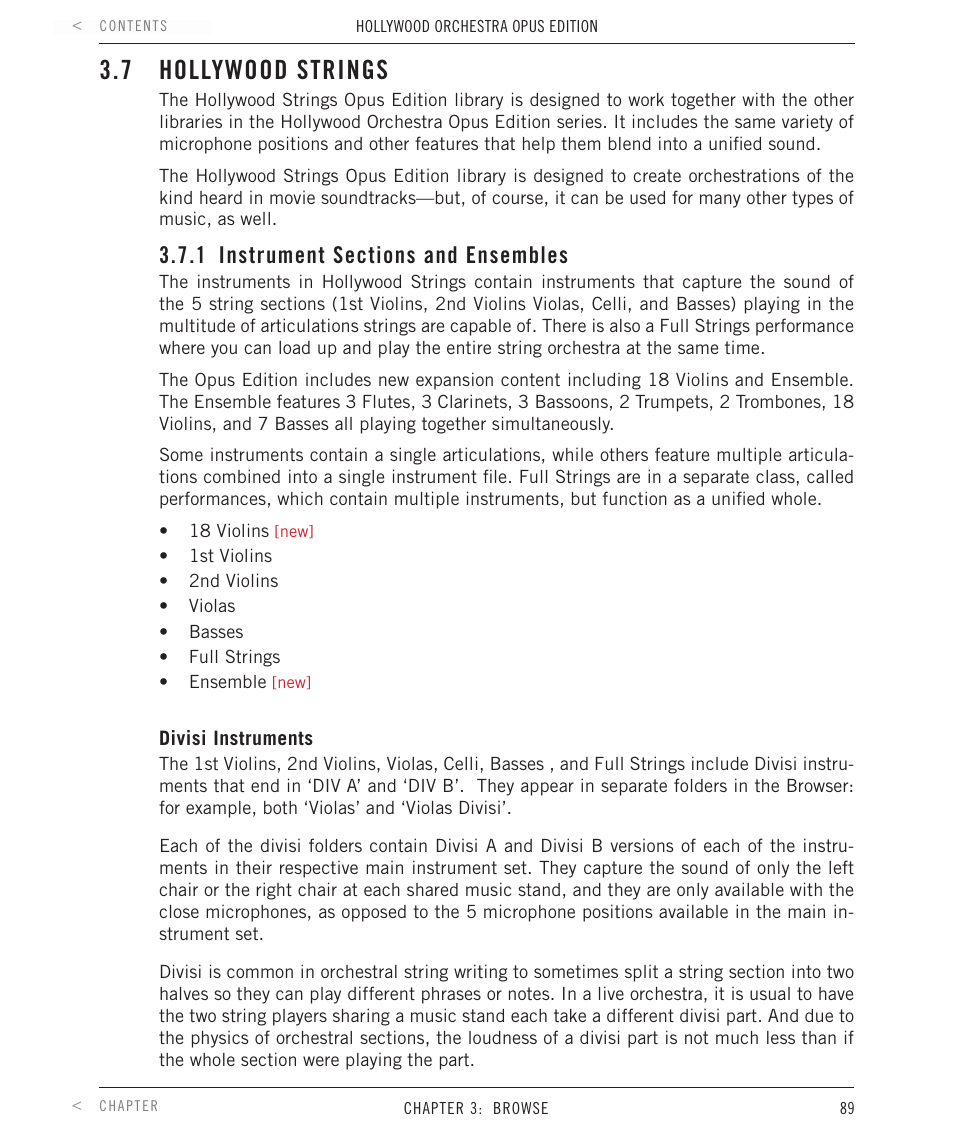 7 hollywood orchestra strings, 1 instrument sections and ensembles, Divisi instruments | Hollywood strings, Instrument sections and ensembles, 7 hollywood strings | EastWest Hollywood Orchestra Opus Edition Virtual Instrument Plug-In (Download) User Manual | Page 89 / 228