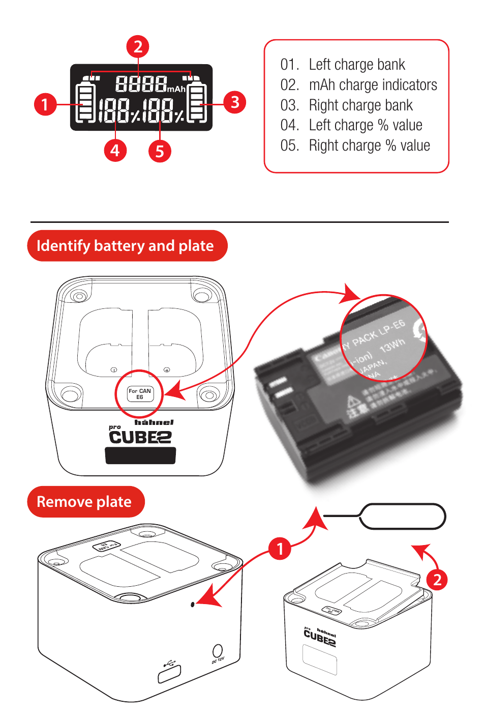 Identify battery and plate remove plate | Hahnel Charger PROCUBE2 for Select Batteries User Manual | Page 3 / 19