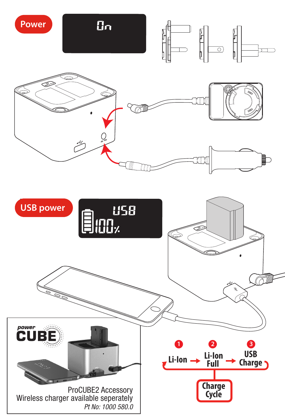 Power usb power, Li-ion, Li-ion full usb charge charge cycle | Hahnel Charger PROCUBE2 for Select Batteries User Manual | Page 5 / 19