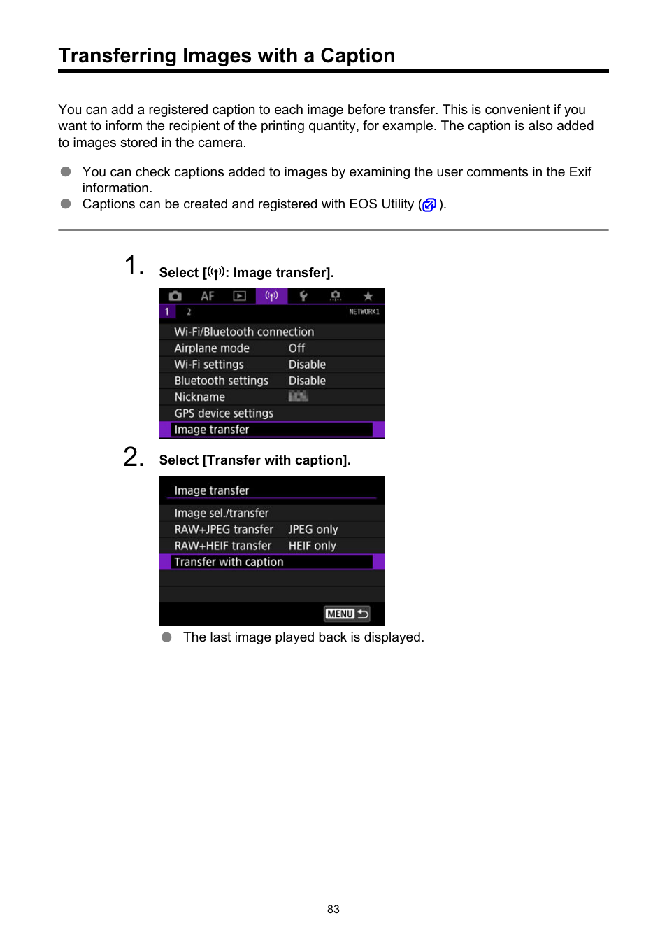 Transferring images with a caption | Canon WFT-R10A Wireless File Transmitter for EOS R5 C & R5 Mirrorless Camera User Manual | Page 83 / 176