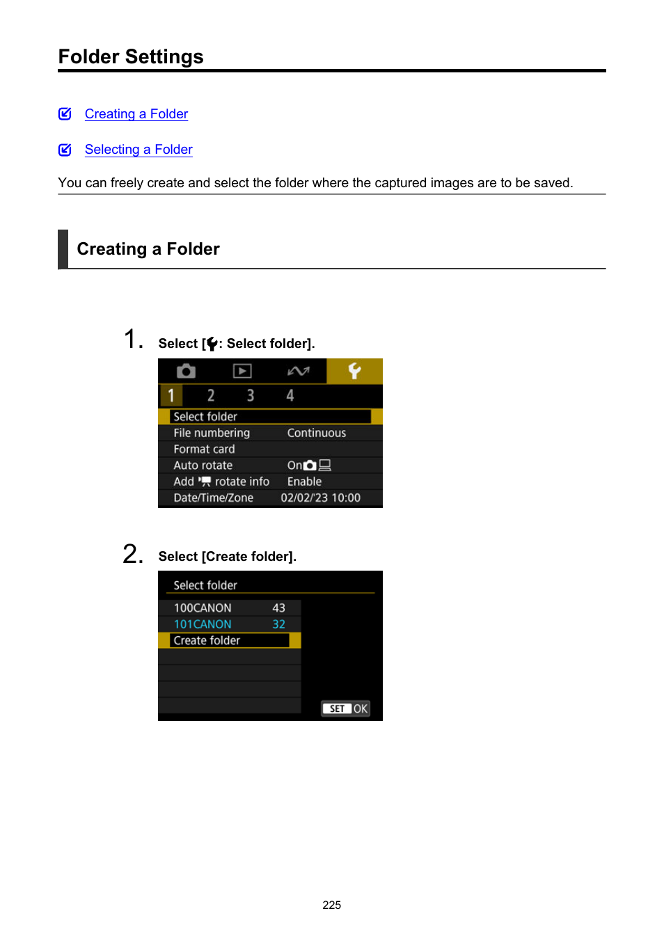 Folder settings, Creating a folder | Canon PowerShot V10 Vlog Camera (Black) User Manual | Page 225 / 288