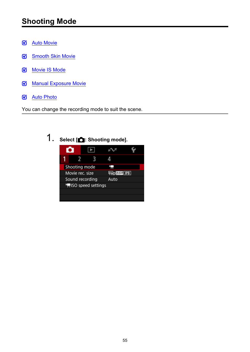Shooting mode | Canon PowerShot V10 Vlog Camera (Black) User Manual | Page 55 / 288