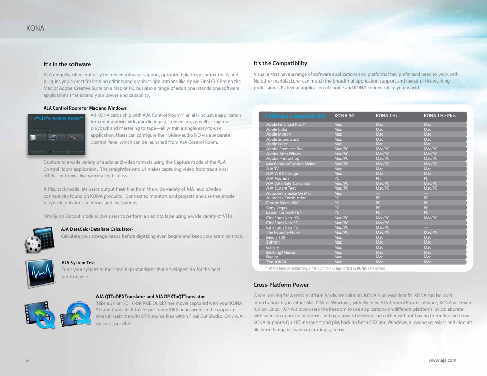 Kona, It’s in the software, It’s the compatibility | Cross-platform power | AJA KONA LHi Capture Card User Manual | Page 6 / 12