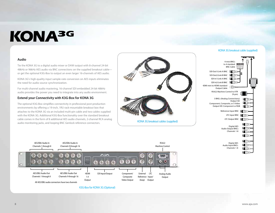 Audio, Extend your connectivity with k3g-box for kona 3g | AJA KONA LHi Capture Card User Manual | Page 8 / 12