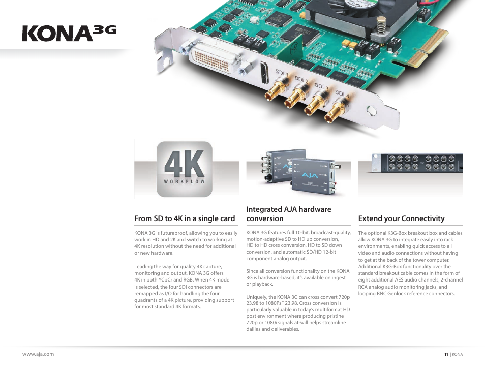 Integrated aja hardware conversion, Extend your connectivity | AJA KONA 4 PCI-E Video I/O Card (HDMI Output, Cable Included) User Manual | Page 11 / 29