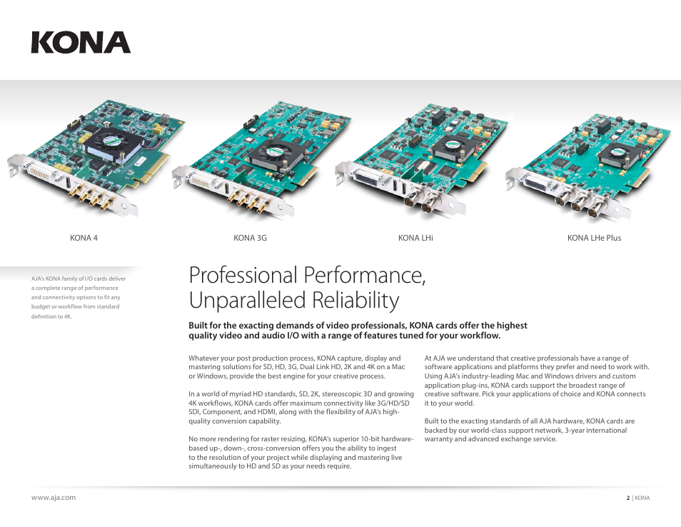 Professional performance, unparalleled reliability | AJA KONA 4 PCI-E Video I/O Card (HDMI Output, Cable Included) User Manual | Page 2 / 29