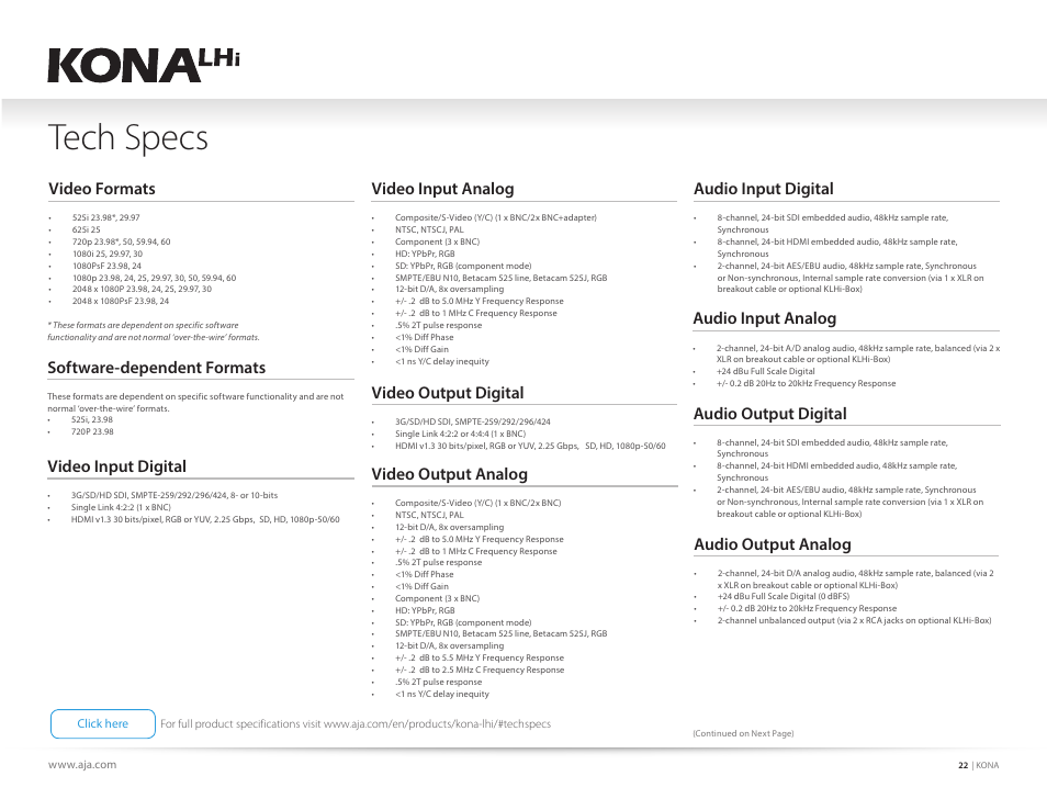 Tech specs, Video input analog, Video formats | Video output digital, Software-dependent formats, Video input digital, Video output analog, Audio input analog, Audio input digital, Audio output digital | AJA KONA 4 PCI-E Video I/O Card (HDMI Output, Cable Included) User Manual | Page 22 / 29