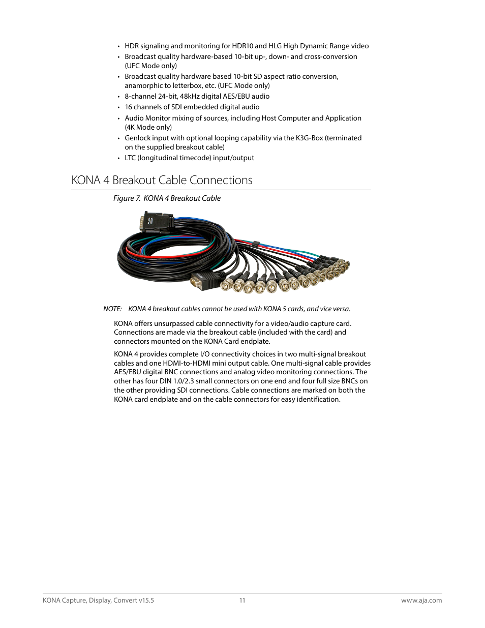 Kona 4 breakout cable connections | AJA KONA 4 PCI-E Video I/O Card (HDMI Output, Cable Included) User Manual | Page 11 / 94