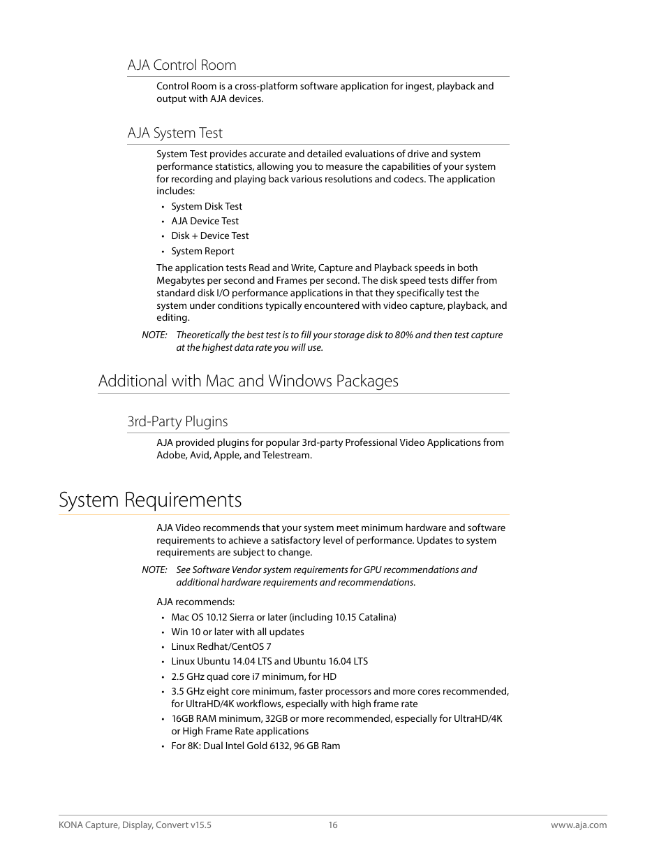 Additional with mac and windows packages, System requirements, Aja control room | Aja system test, 3rd-party plugins | AJA KONA 4 PCI-E Video I/O Card (HDMI Output, Cable Included) User Manual | Page 16 / 94