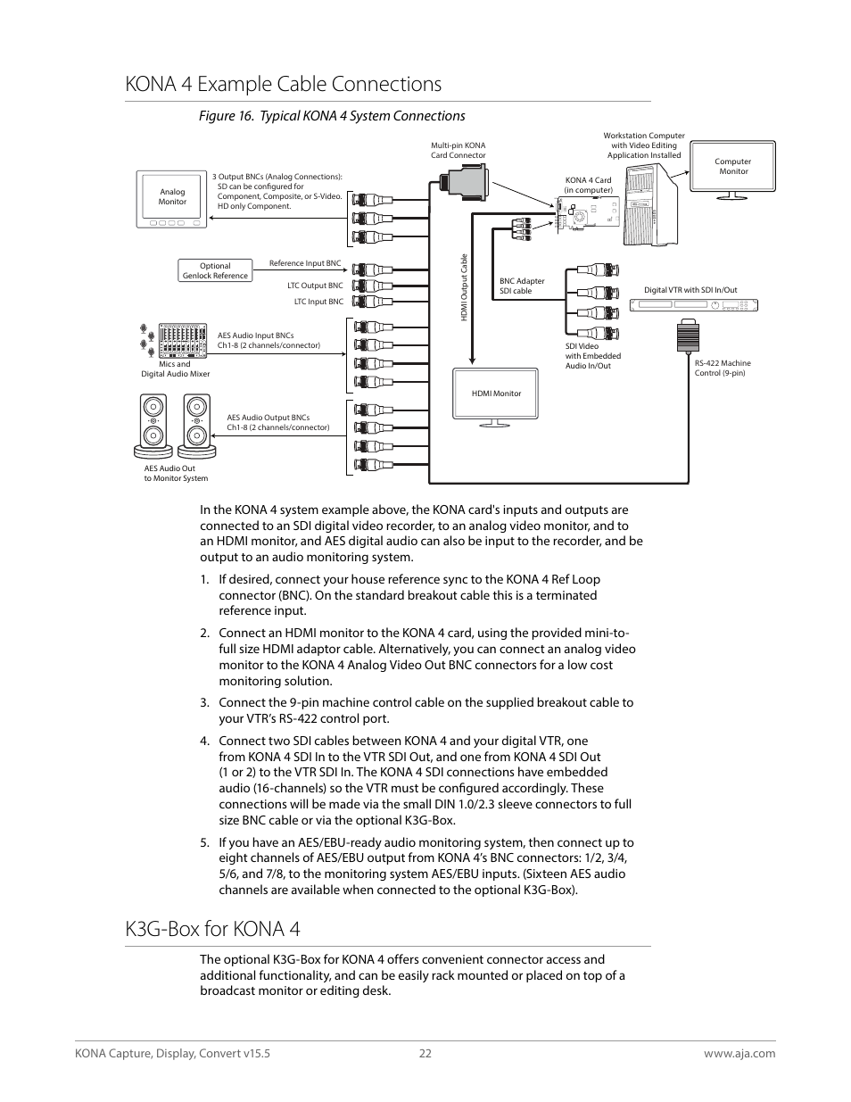 Kona 4 example cable connections, K3g-box for kona 4, Figure 16. typical kona 4 system connections | AJA KONA 4 PCI-E Video I/O Card (HDMI Output, Cable Included) User Manual | Page 22 / 94