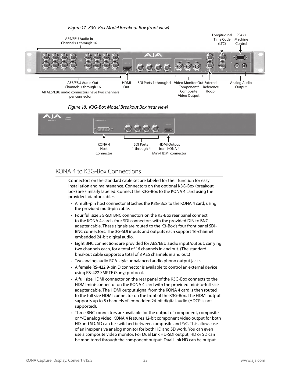 Kona 4 to k3g-box connections | AJA KONA 4 PCI-E Video I/O Card (HDMI Output, Cable Included) User Manual | Page 23 / 94