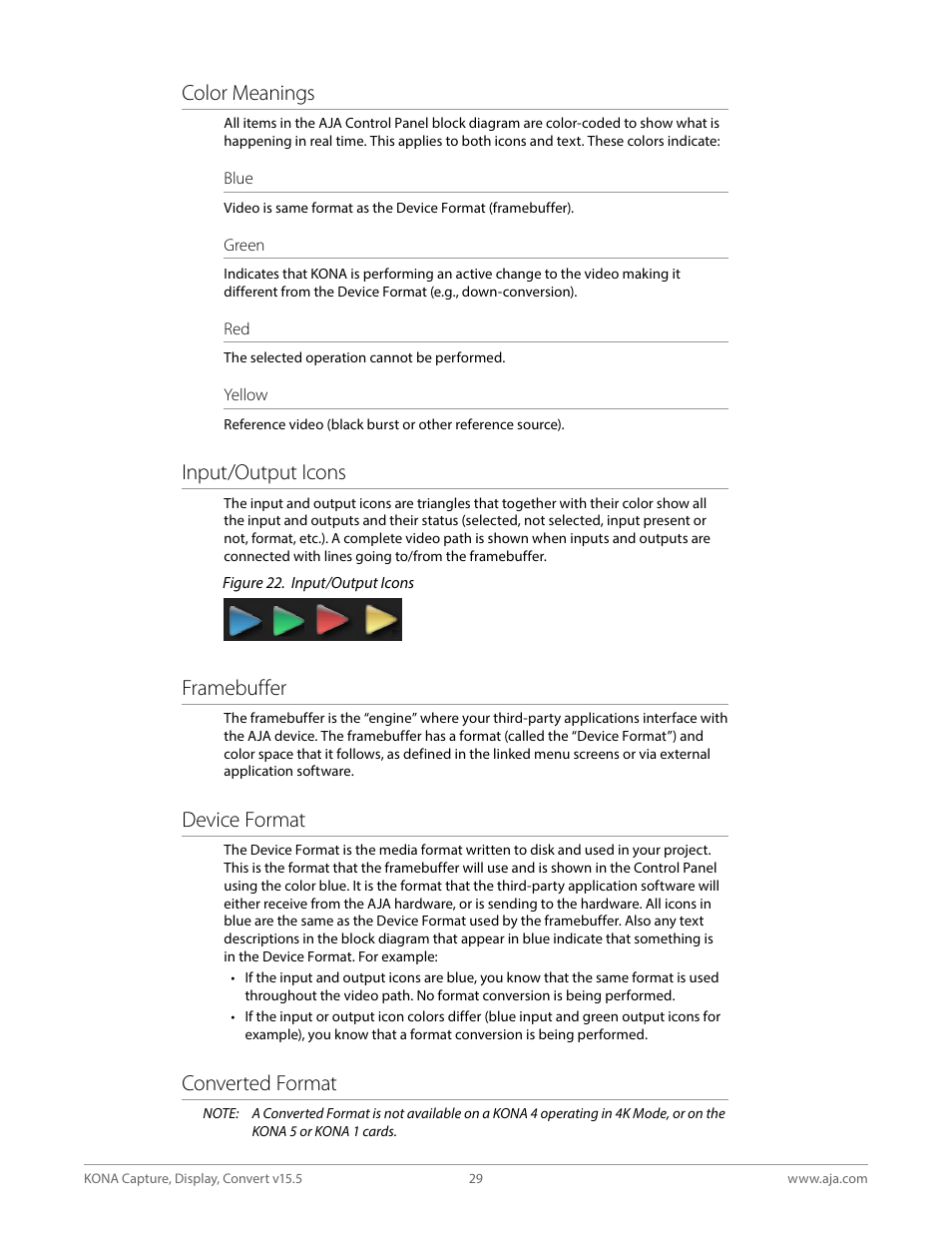 Color meanings, Input/output icons, Framebuffer | Device format, Converted format | AJA KONA 4 PCI-E Video I/O Card (HDMI Output, Cable Included) User Manual | Page 29 / 94