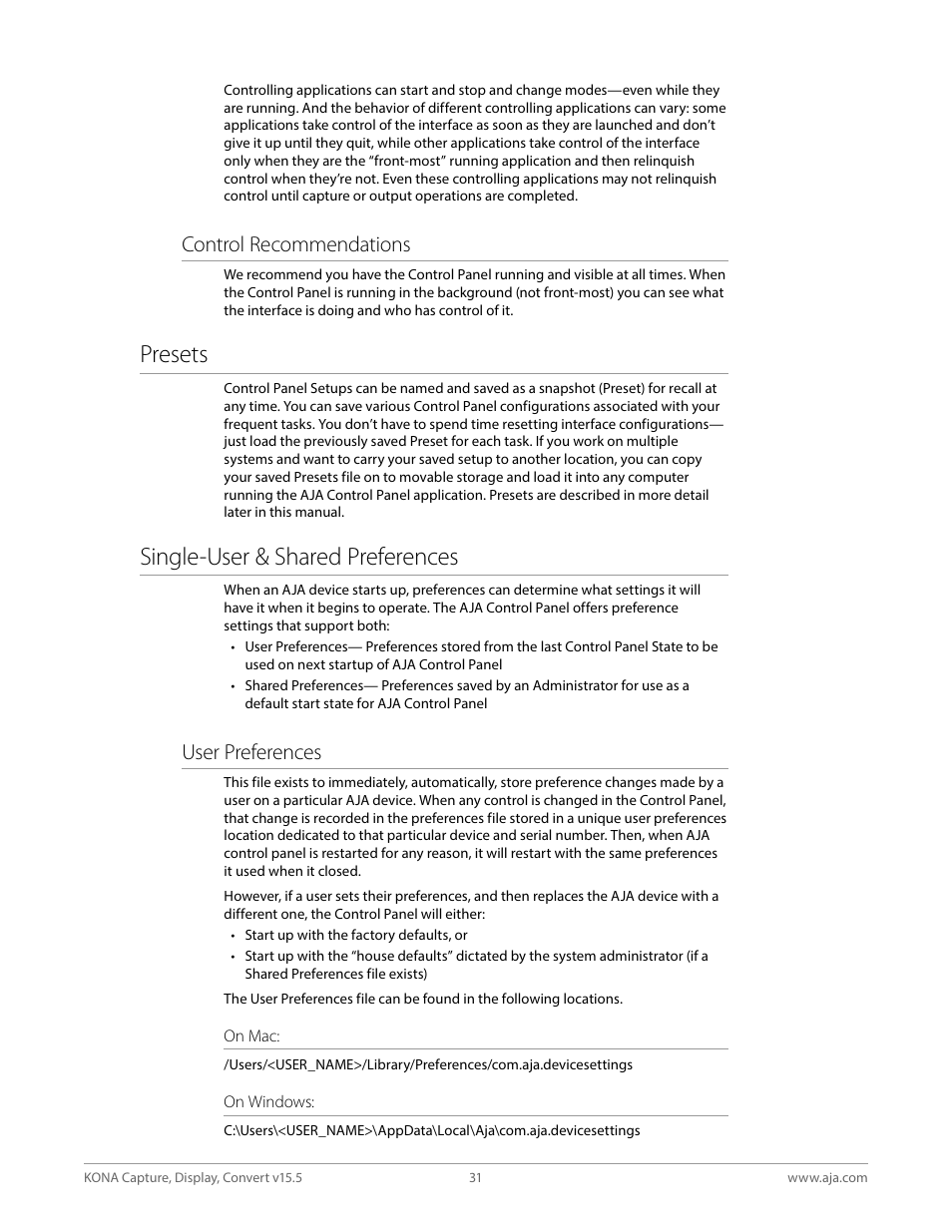 Presets, Single-user & shared preferences, Presets single-user & shared preferences | Control recommendations, User preferences | AJA KONA 4 PCI-E Video I/O Card (HDMI Output, Cable Included) User Manual | Page 31 / 94