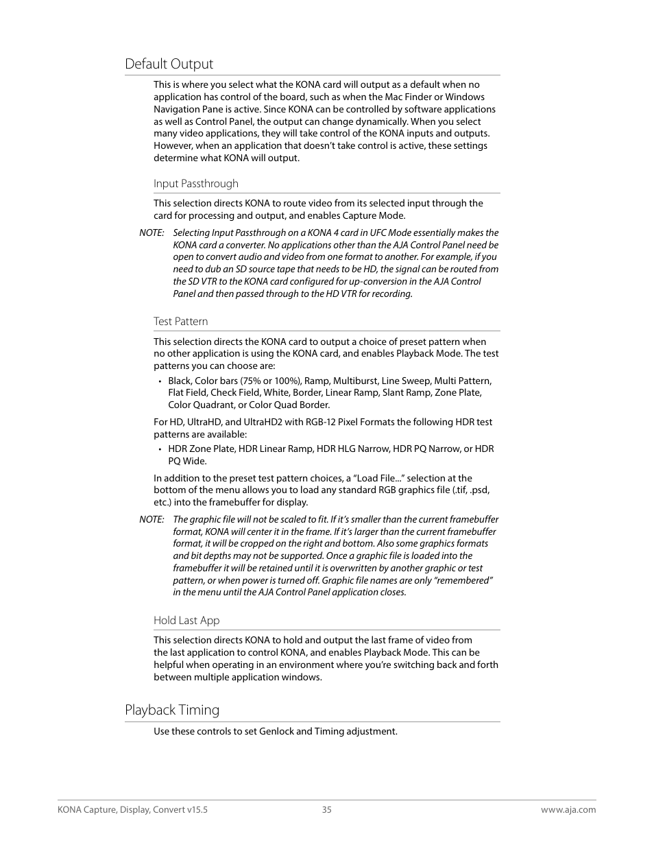 Default output, Playback timing | AJA KONA 4 PCI-E Video I/O Card (HDMI Output, Cable Included) User Manual | Page 35 / 94