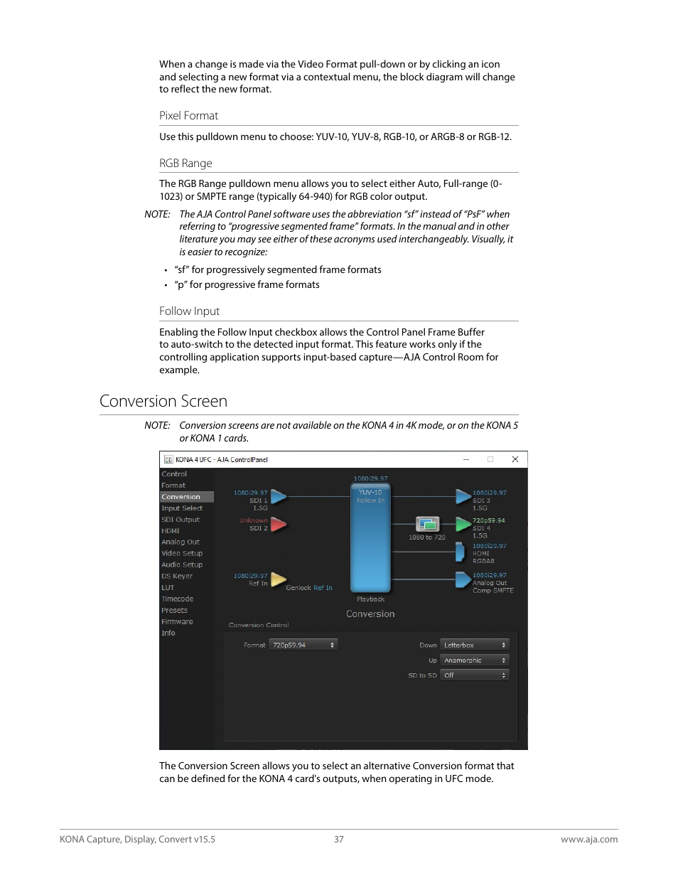 Conversion screen | AJA KONA 4 PCI-E Video I/O Card (HDMI Output, Cable Included) User Manual | Page 37 / 94