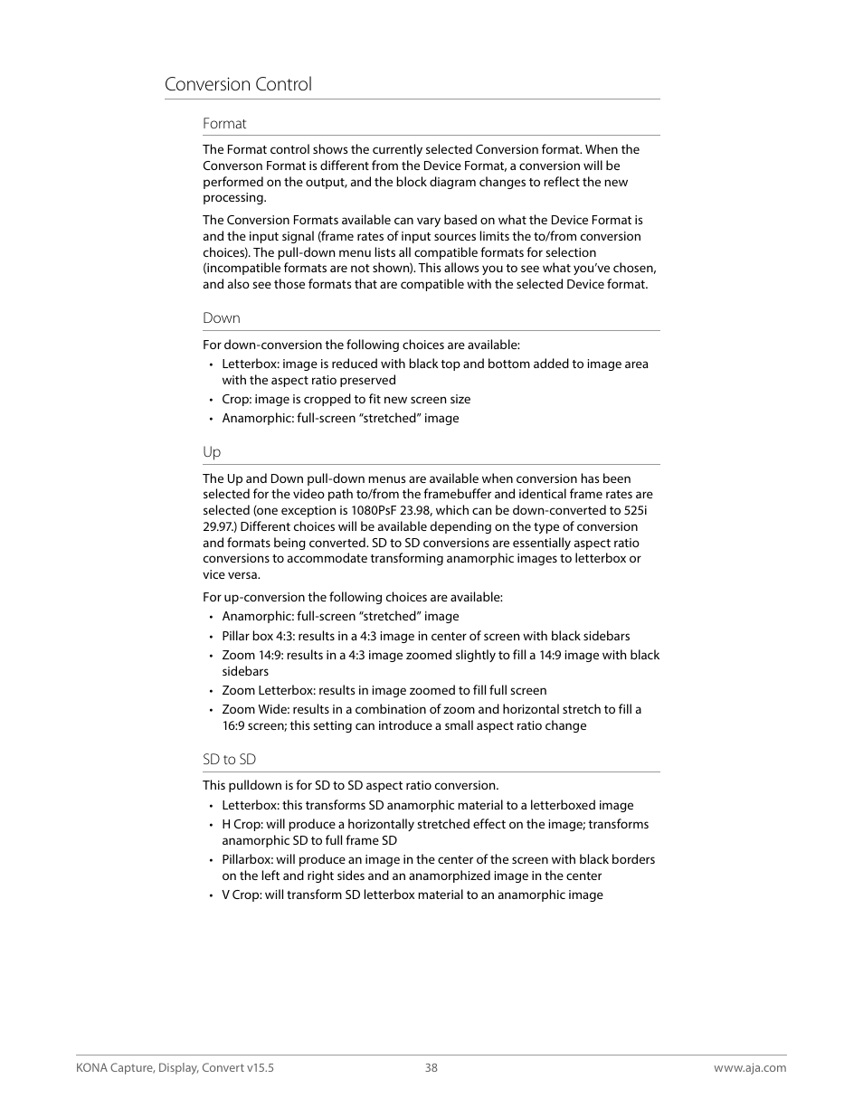 Conversion control | AJA KONA 4 PCI-E Video I/O Card (HDMI Output, Cable Included) User Manual | Page 38 / 94