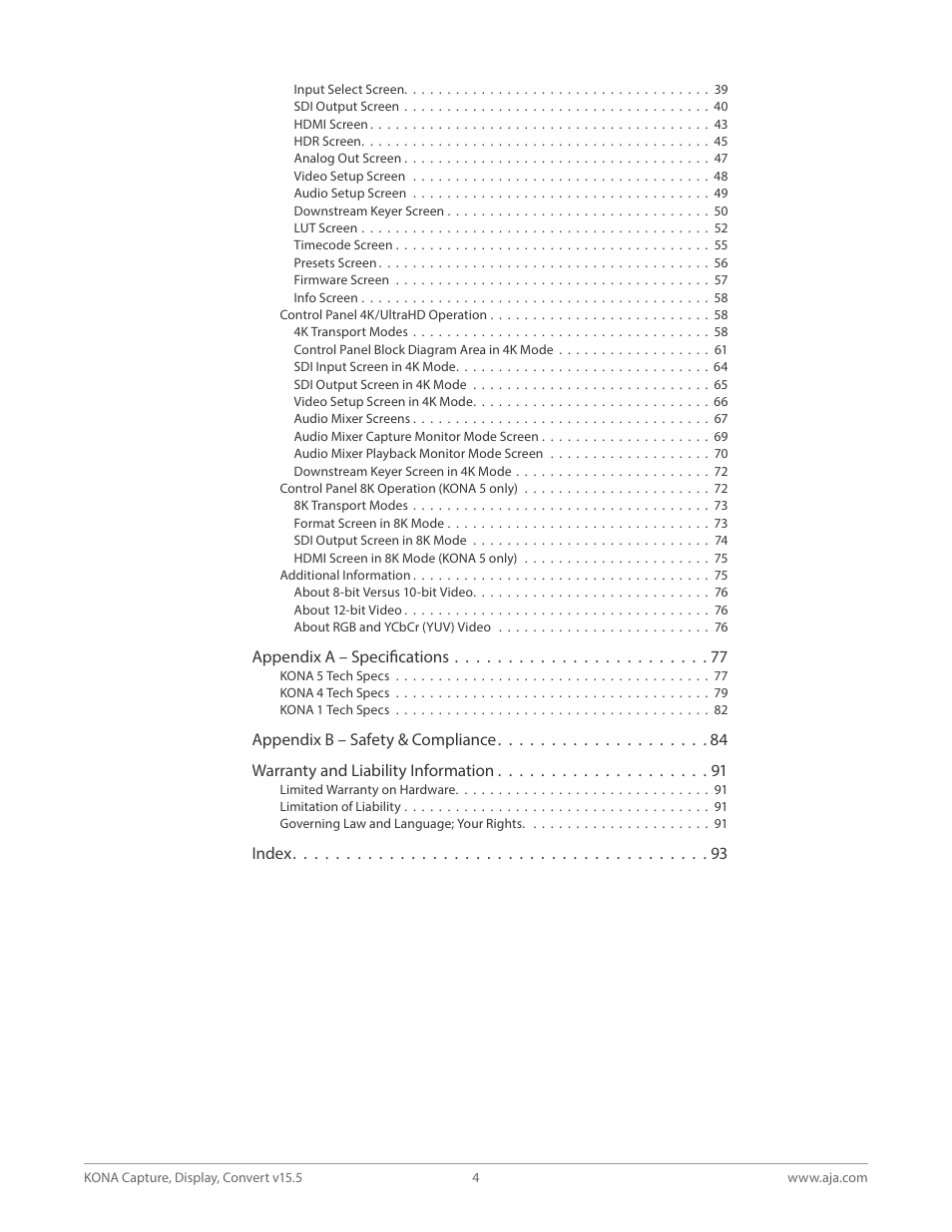 AJA KONA 4 PCI-E Video I/O Card (HDMI Output, Cable Included) User Manual | Page 4 / 94