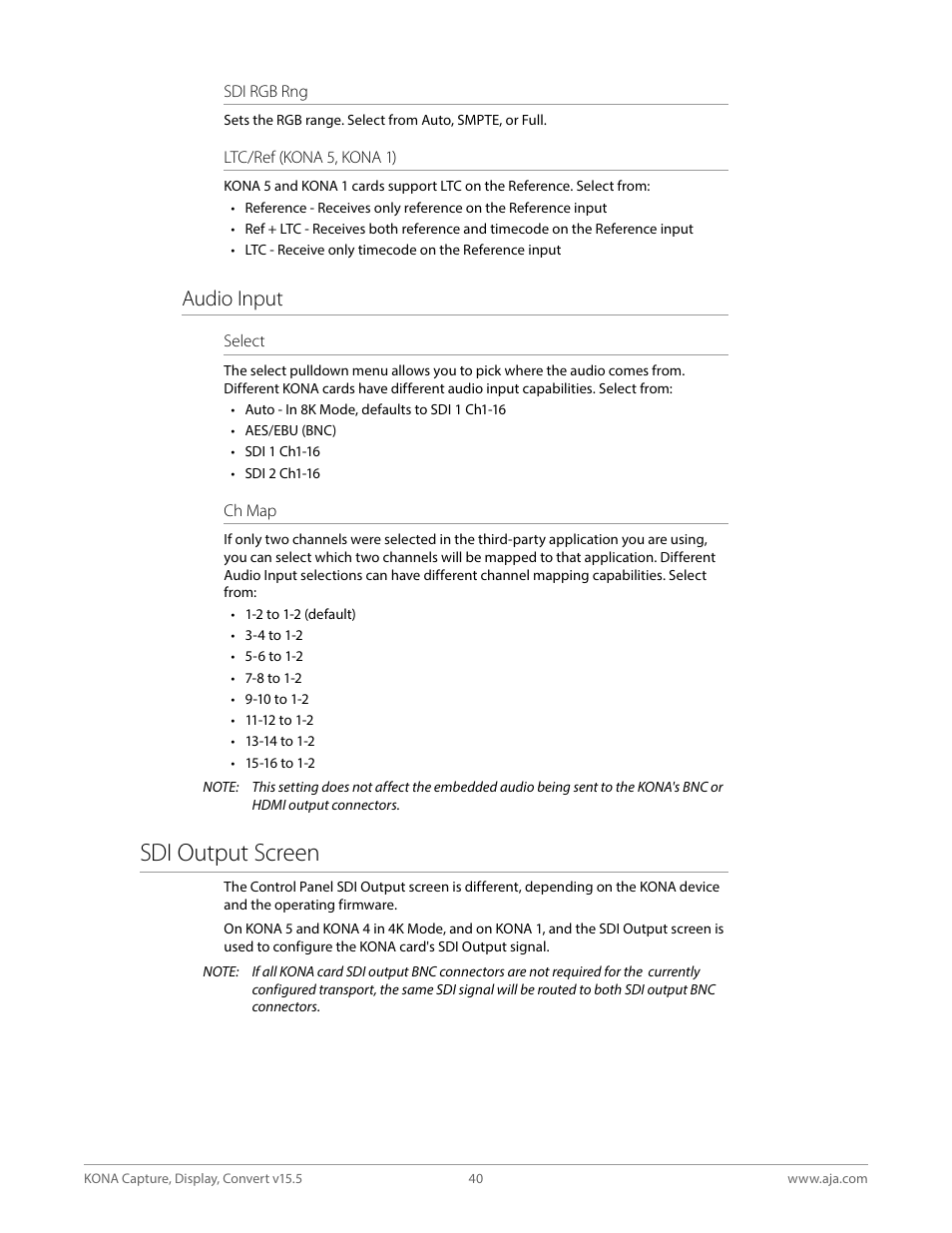 Sdi output screen, Audio input | AJA KONA 4 PCI-E Video I/O Card (HDMI Output, Cable Included) User Manual | Page 40 / 94