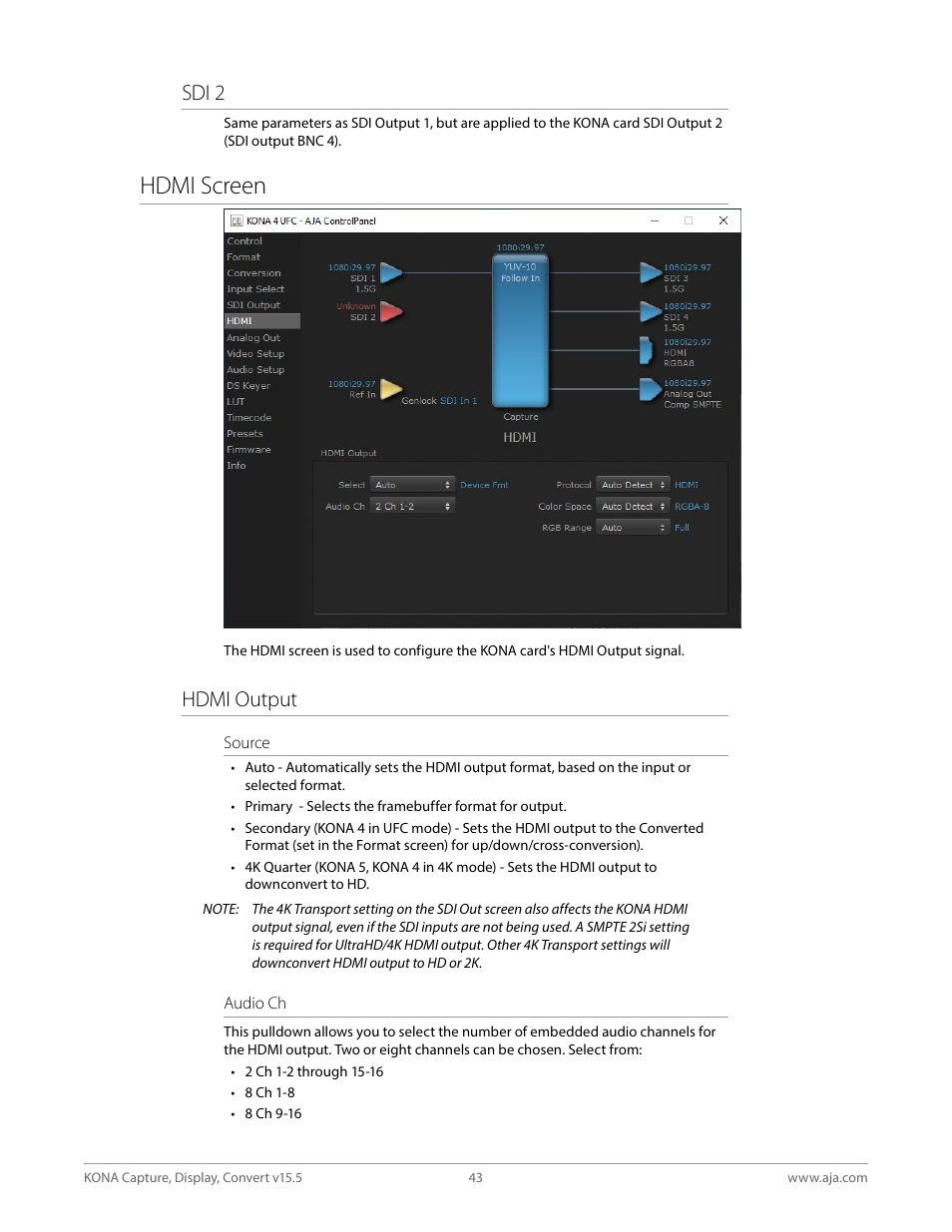 Hdmi screen, Sdi 2, Hdmi output | AJA KONA 4 PCI-E Video I/O Card (HDMI Output, Cable Included) User Manual | Page 43 / 94