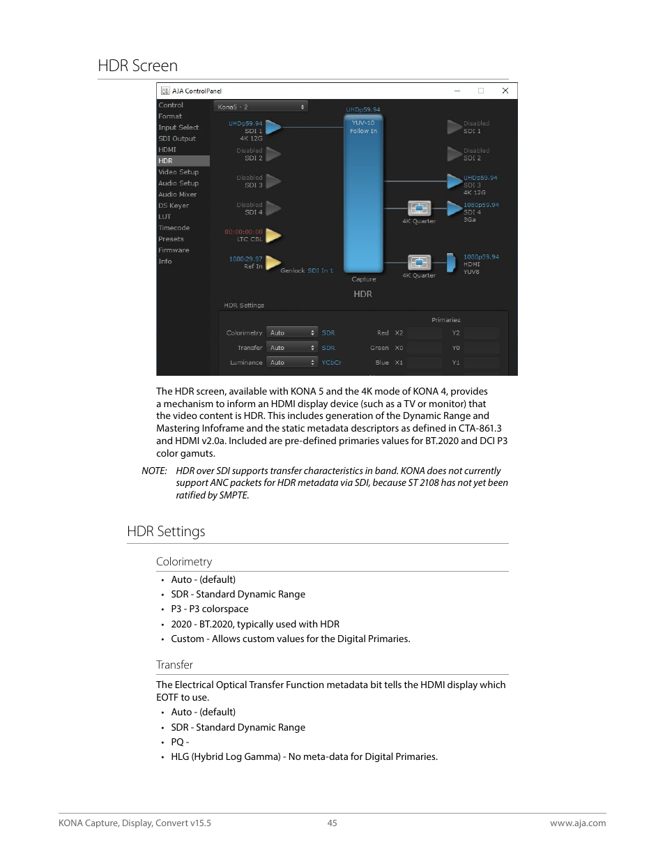 Hdr screen, Hdr settings | AJA KONA 4 PCI-E Video I/O Card (HDMI Output, Cable Included) User Manual | Page 45 / 94