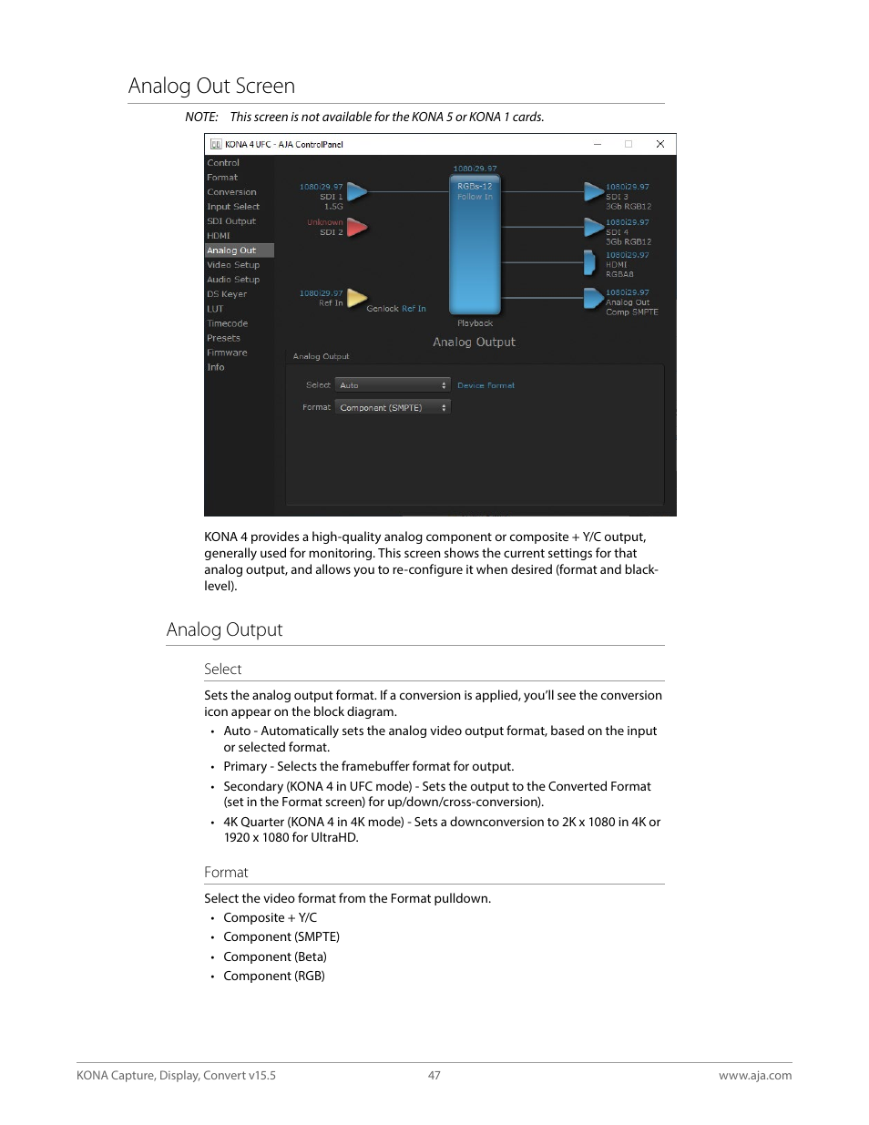 Analog out screen, Analog output | AJA KONA 4 PCI-E Video I/O Card (HDMI Output, Cable Included) User Manual | Page 47 / 94