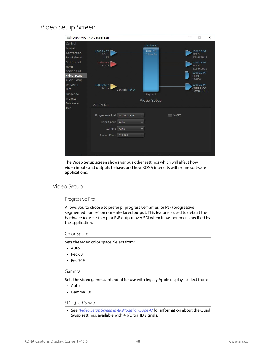 Video setup screen, Video setup | AJA KONA 4 PCI-E Video I/O Card (HDMI Output, Cable Included) User Manual | Page 48 / 94