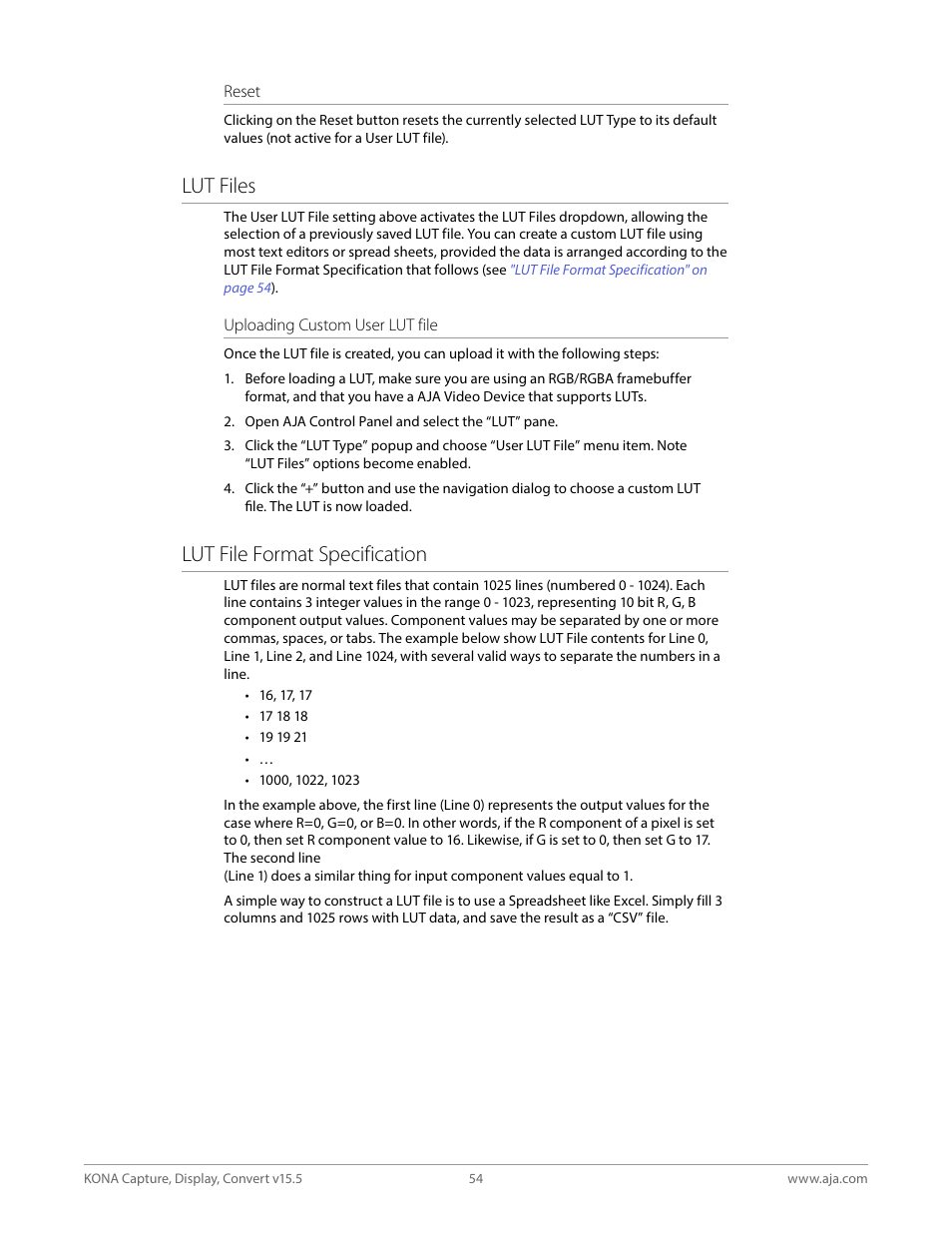 Lut files, Lut file format specification | AJA KONA 4 PCI-E Video I/O Card (HDMI Output, Cable Included) User Manual | Page 54 / 94