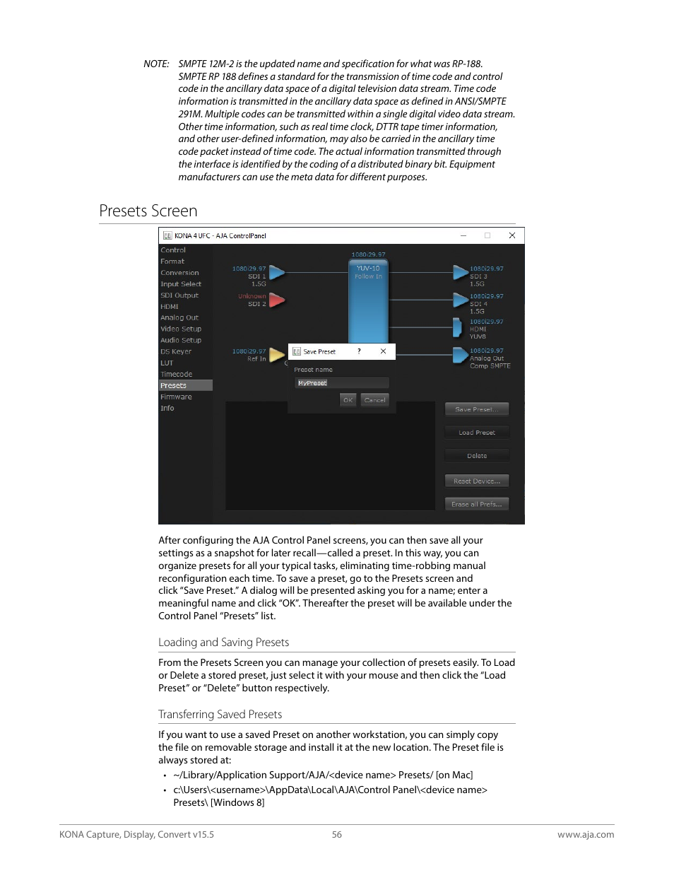 Presets screen | AJA KONA 4 PCI-E Video I/O Card (HDMI Output, Cable Included) User Manual | Page 56 / 94