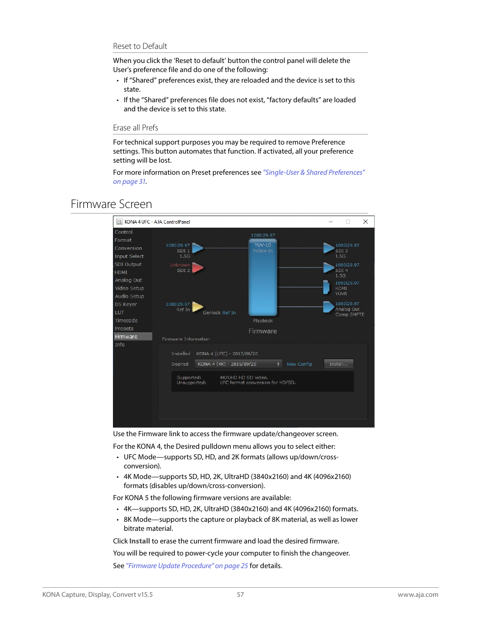 Firmware screen | AJA KONA 4 PCI-E Video I/O Card (HDMI Output, Cable Included) User Manual | Page 57 / 94