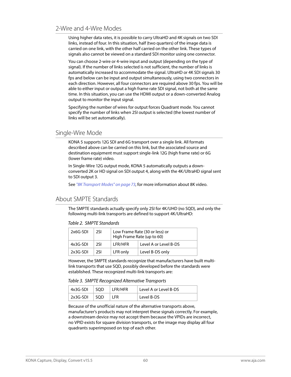 Wire and 4-wire modes, Single-wire mode, About smpte standards | AJA KONA 4 PCI-E Video I/O Card (HDMI Output, Cable Included) User Manual | Page 60 / 94