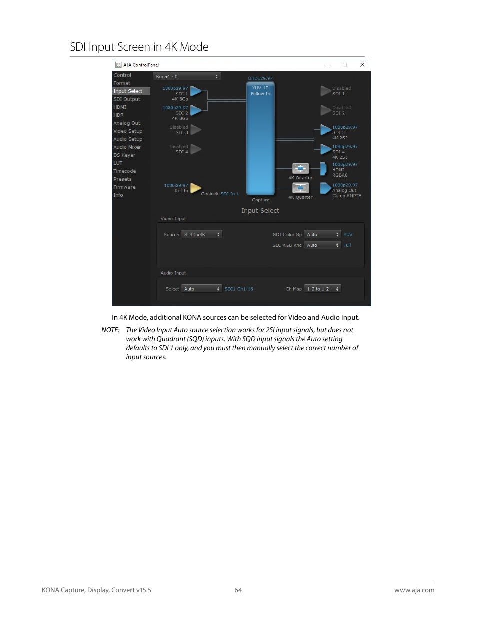 Sdi input screen in 4k mode | AJA KONA 4 PCI-E Video I/O Card (HDMI Output, Cable Included) User Manual | Page 64 / 94