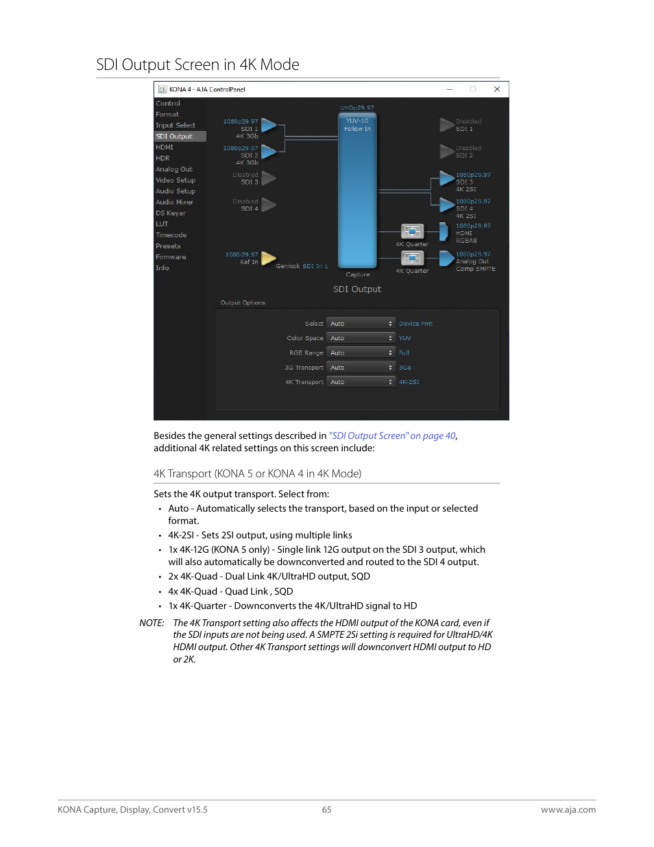 Sdi output screen in 4k mode | AJA KONA 4 PCI-E Video I/O Card (HDMI Output, Cable Included) User Manual | Page 65 / 94
