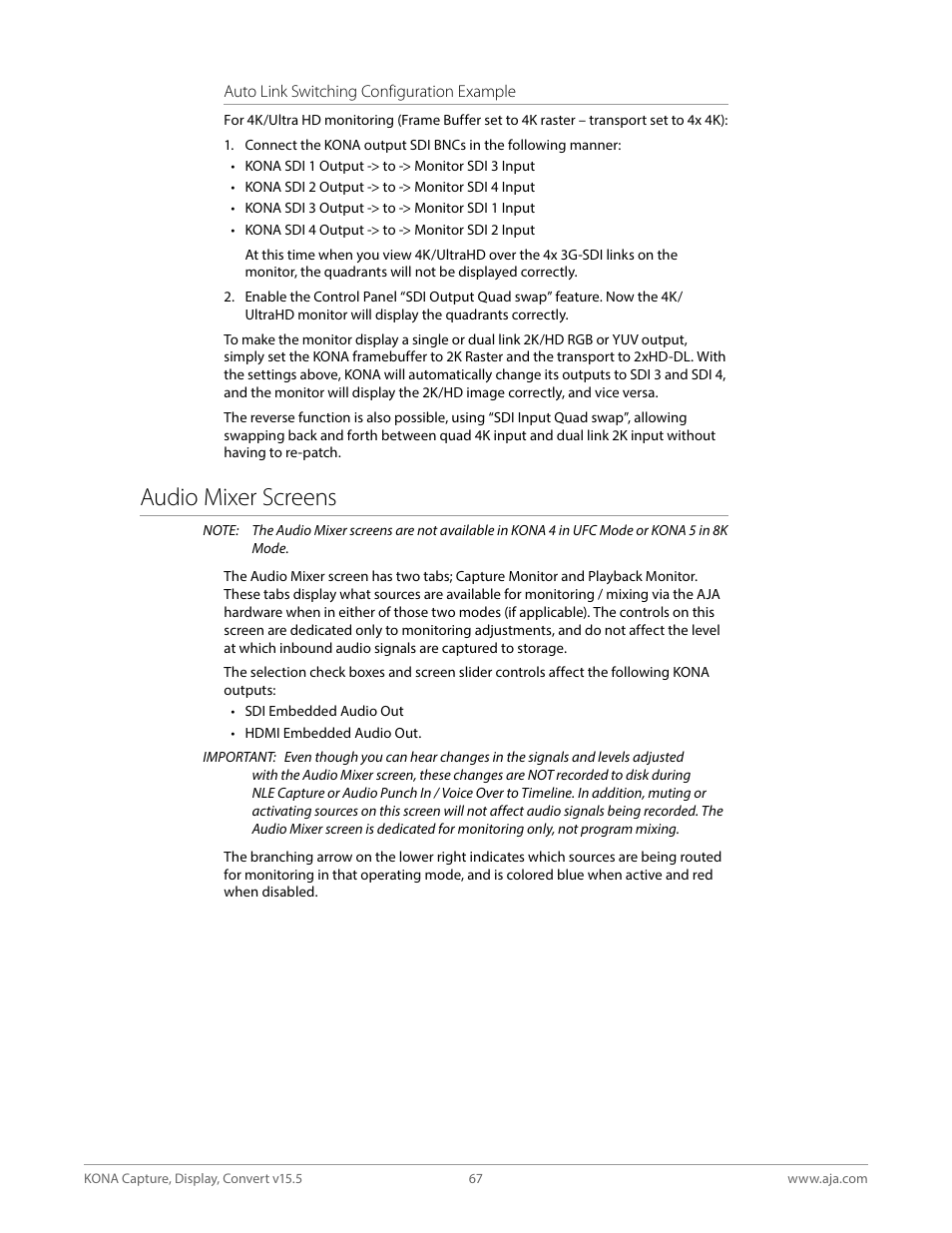 Audio mixer screens | AJA KONA 4 PCI-E Video I/O Card (HDMI Output, Cable Included) User Manual | Page 67 / 94