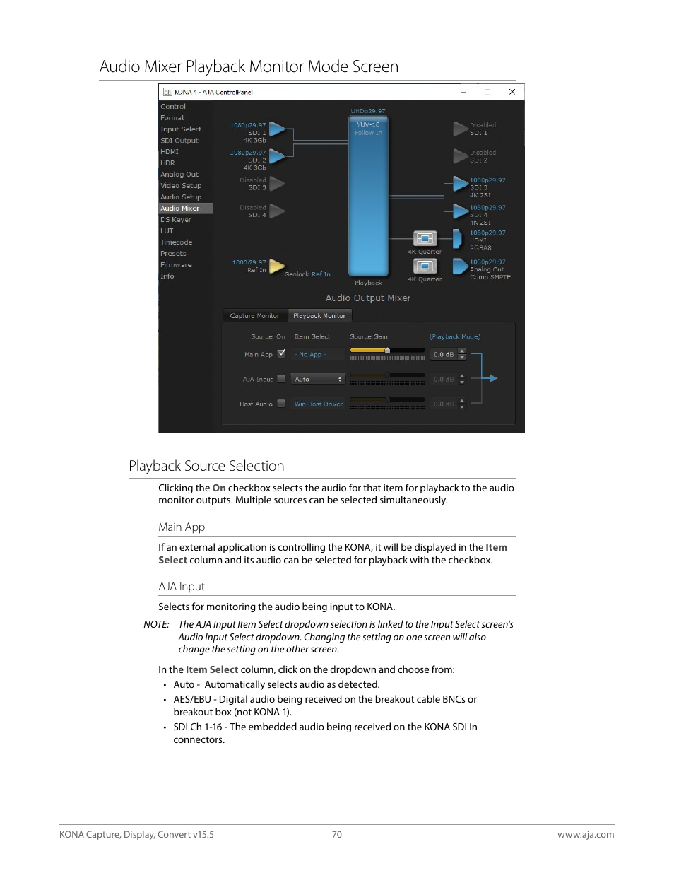 Audio mixer playback monitor mode screen, Audio mixer playback monitor mode, Playback source selection | AJA KONA 4 PCI-E Video I/O Card (HDMI Output, Cable Included) User Manual | Page 70 / 94