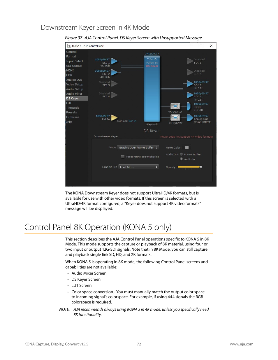 Downstream keyer screen in 4k mode, Control panel 8k operation (kona 5 only), Control | AJA KONA 4 PCI-E Video I/O Card (HDMI Output, Cable Included) User Manual | Page 72 / 94