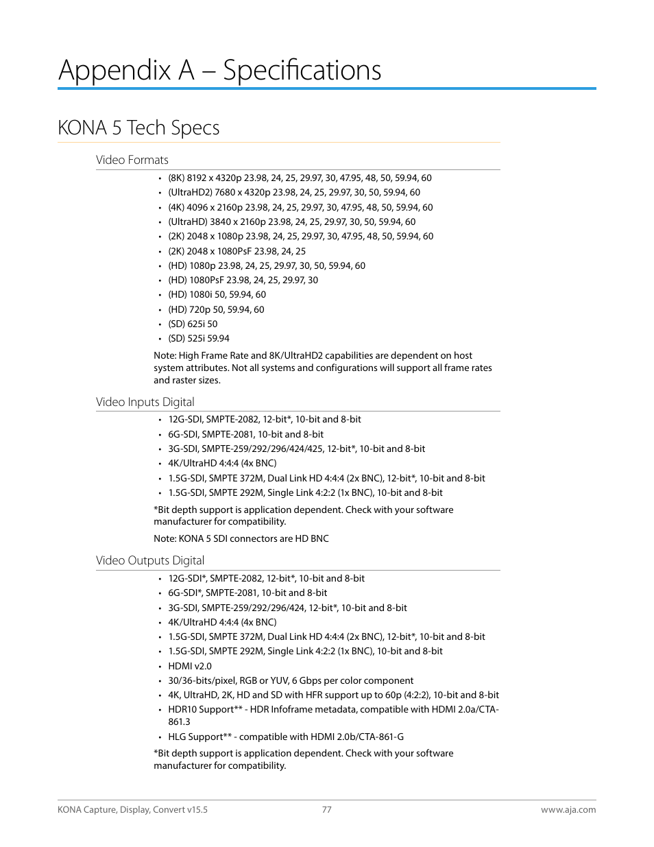 Appendix a – specifications, Kona 5 tech specs | AJA KONA 4 PCI-E Video I/O Card (HDMI Output, Cable Included) User Manual | Page 77 / 94