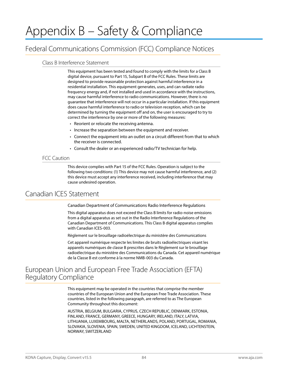 Appendix b – safety & compliance, Canadian ices statement | AJA KONA 4 PCI-E Video I/O Card (HDMI Output, Cable Included) User Manual | Page 84 / 94