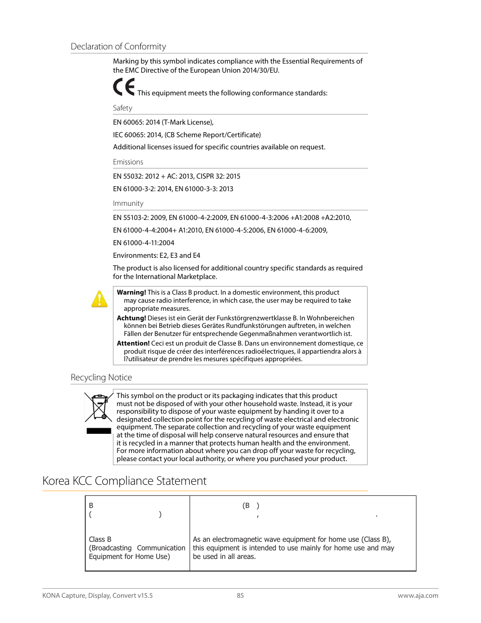 Korea kcc compliance statement, Declaration of conformity, Recycling notice | AJA KONA 4 PCI-E Video I/O Card (HDMI Output, Cable Included) User Manual | Page 85 / 94