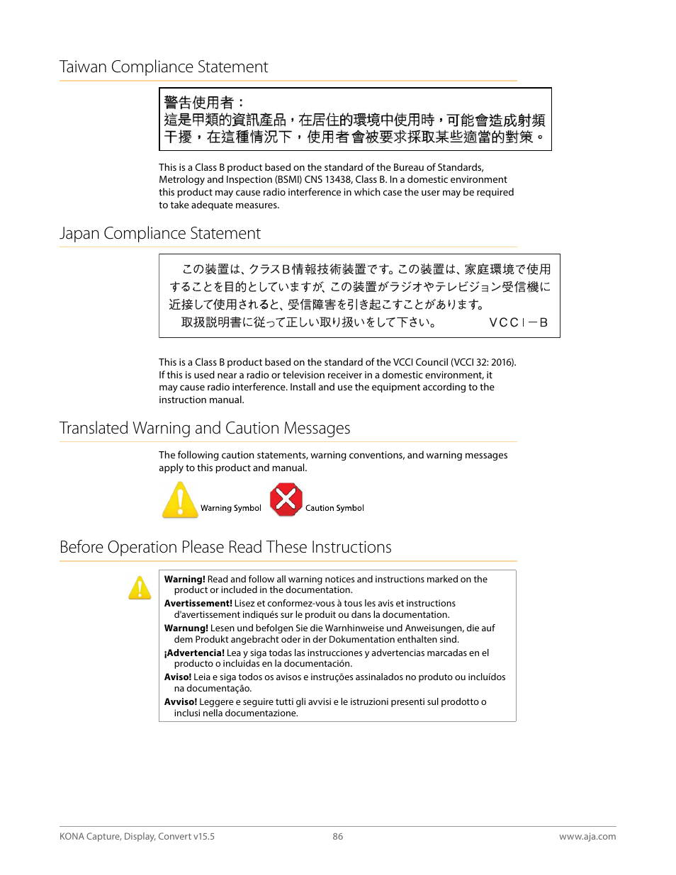 Taiwan compliance statement, Japan compliance statement, Translated warning and caution messages | Before operation please read these instructions | AJA KONA 4 PCI-E Video I/O Card (HDMI Output, Cable Included) User Manual | Page 86 / 94