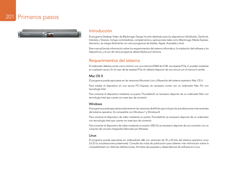 Primeros pasos, Introducción, Requerimientos del sistema | Introducción 201 requerimientos del sistema | Blackmagic Design DeckLink Studio 4K Capture & Playback Card User Manual | Page 201 / 295