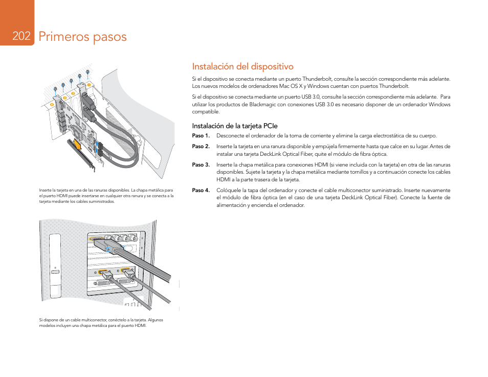 Instalación del dispositivo, Instalación de la tarjeta pcie, Primeros pasos | Blackmagic Design DeckLink Studio 4K Capture & Playback Card User Manual | Page 202 / 295