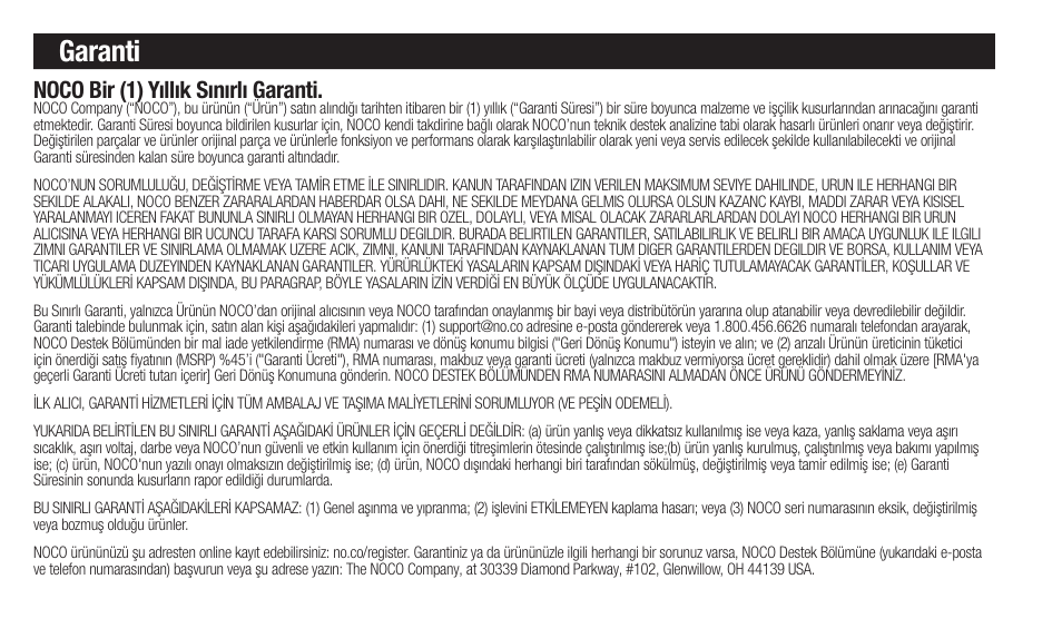 Garanti, Noco bir (1) yıllık sınırlı garanti | NOCO Genius Boost 3000 Amp UltraSafe Jump Starter & Power Pack User Manual | Page 104 / 274