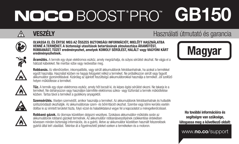 Gb150, Magyar, Használati útmutató és garancia | Veszély | NOCO Genius Boost 3000 Amp UltraSafe Jump Starter & Power Pack User Manual | Page 113 / 274