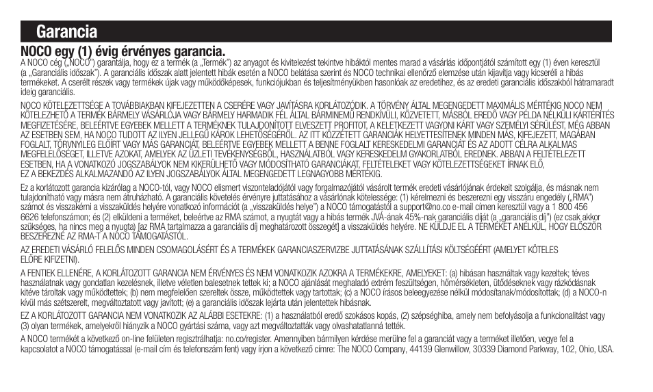 Garancia, Noco egy (1) évig érvényes garancia | NOCO Genius Boost 3000 Amp UltraSafe Jump Starter & Power Pack User Manual | Page 120 / 274