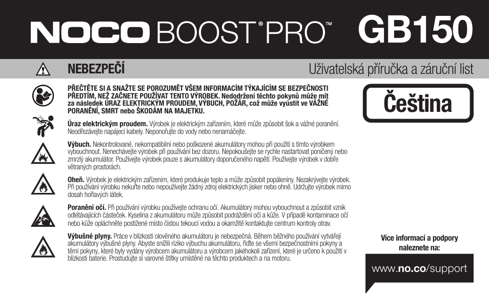 Gb150, Čeština, Uživatelská příručka a záruční list | Nebezpečí | NOCO Genius Boost 3000 Amp UltraSafe Jump Starter & Power Pack User Manual | Page 121 / 274